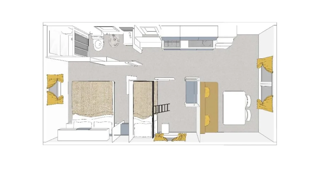 Planimetria della New Vista Mare: due camere, bagno, cucina e soggiorno