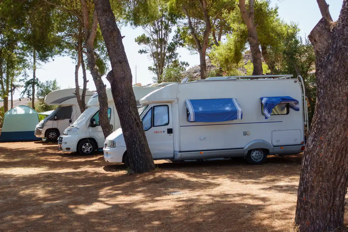 Camper parcheggiato all’ombra di un pino